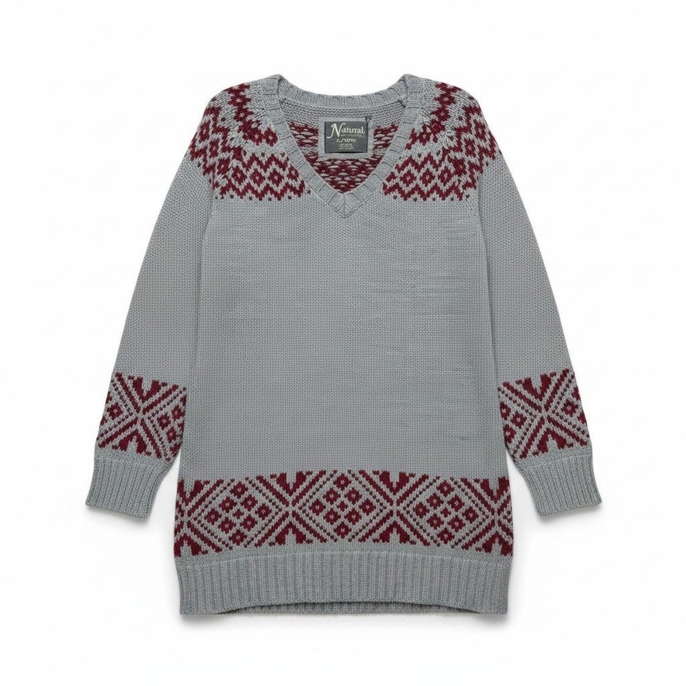 Natural Reflections Gray Fair Isle Knit Sweater XL‎ Burgundy Nordic Cozy Cabin